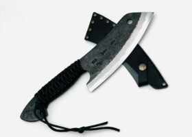 鉄鋼　青紙二号　　　黒打ちブッチャーナイフ6寸　紐巻（黒）　