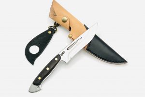 銀三ステンレス　アウトドアナイフ　黒檀柄リベット止め　ツートンシース