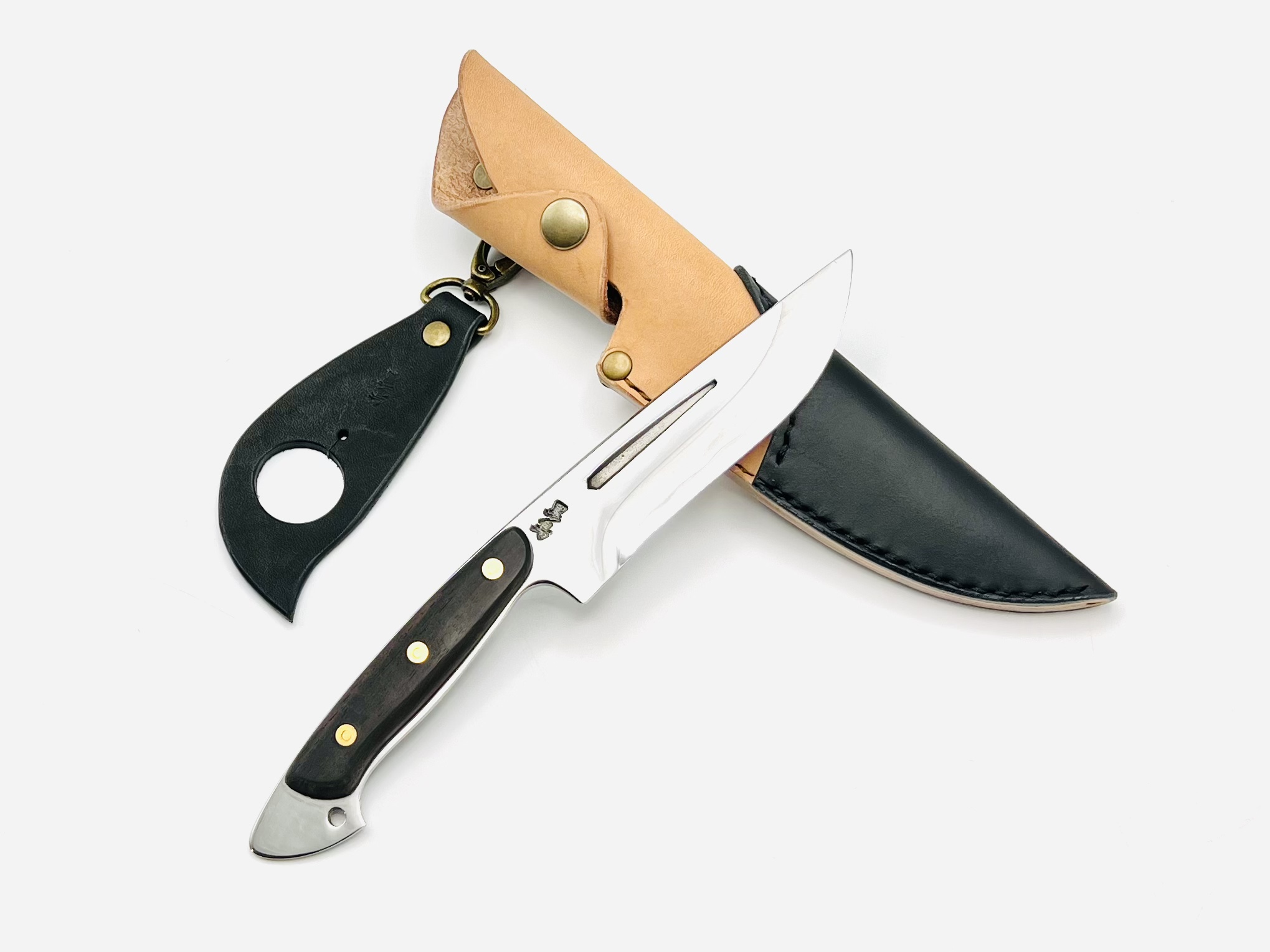 銀三ステンレス アウトドアナイフ 黒檀柄リベット止め ツートンシース