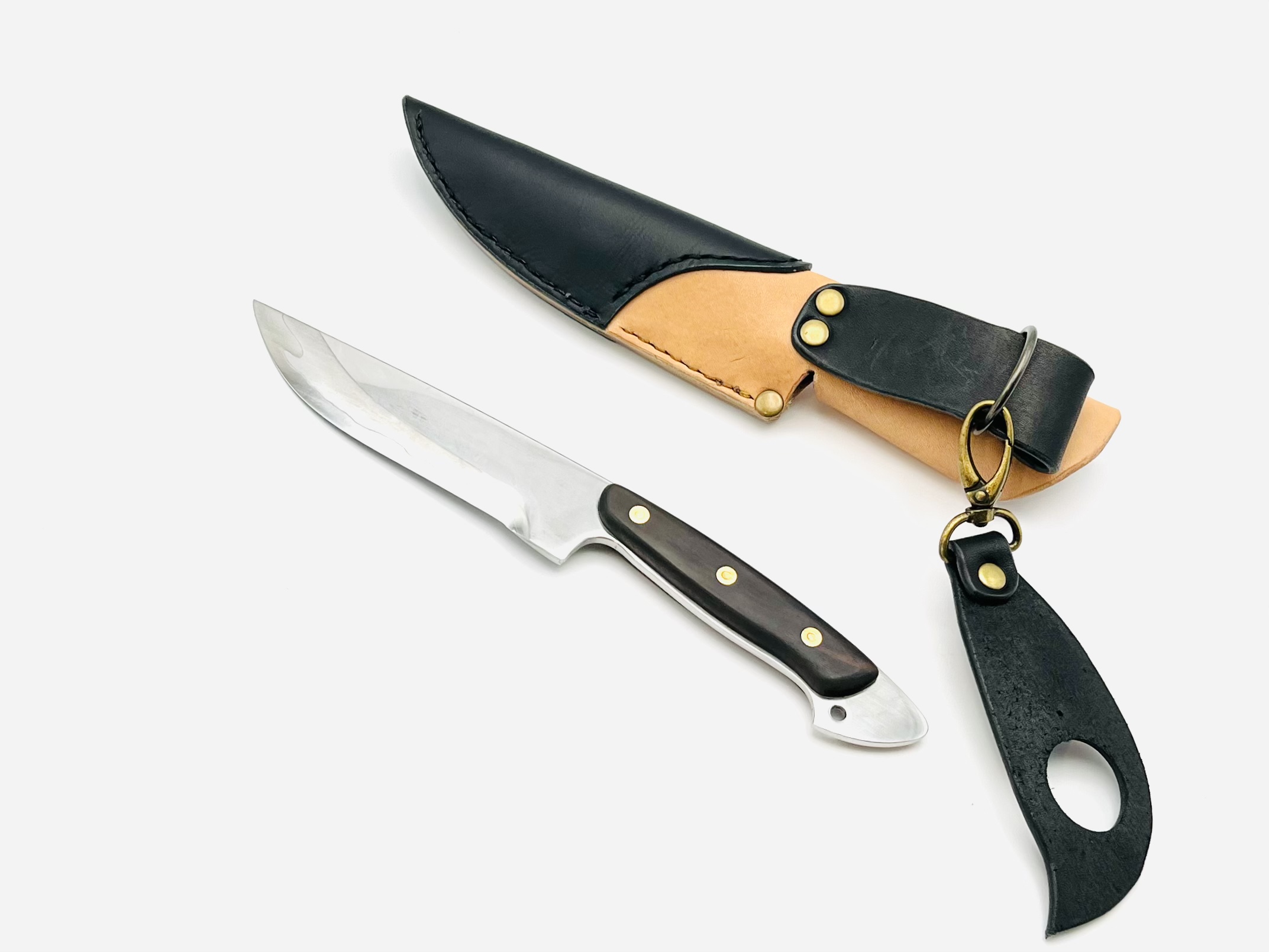 銀三ステンレス アウトドアナイフ 黒檀柄リベット止め ツートンシース - 画像 (6)