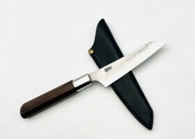 八角胡桃柄　銀三ステンレス　梨地仕上げ　切付型ペティーナイフ4寸　シース付　アウトレット品　