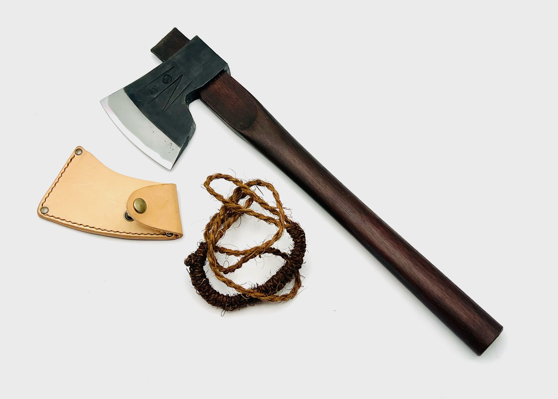 樫柄 鉄・鋼(青二)手斧(大) シュロ縄&革シース付