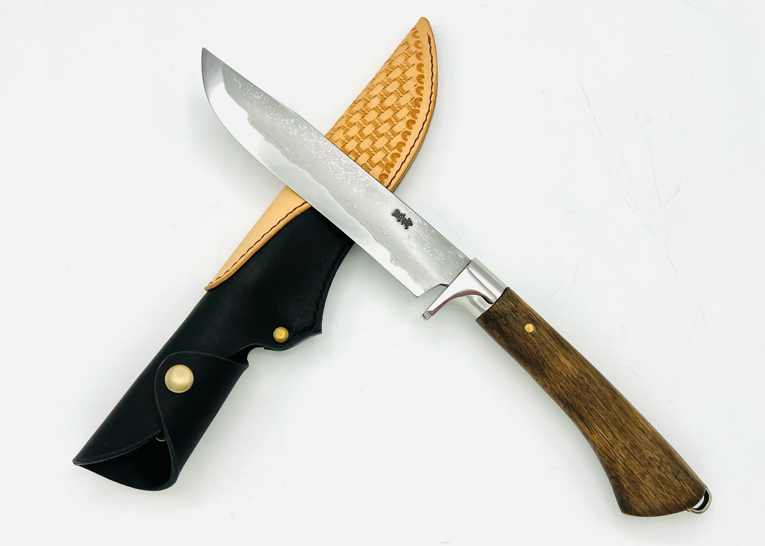 樫柄 ダマスカス(白一) 鉈6.5寸 ツートン型押しシース付