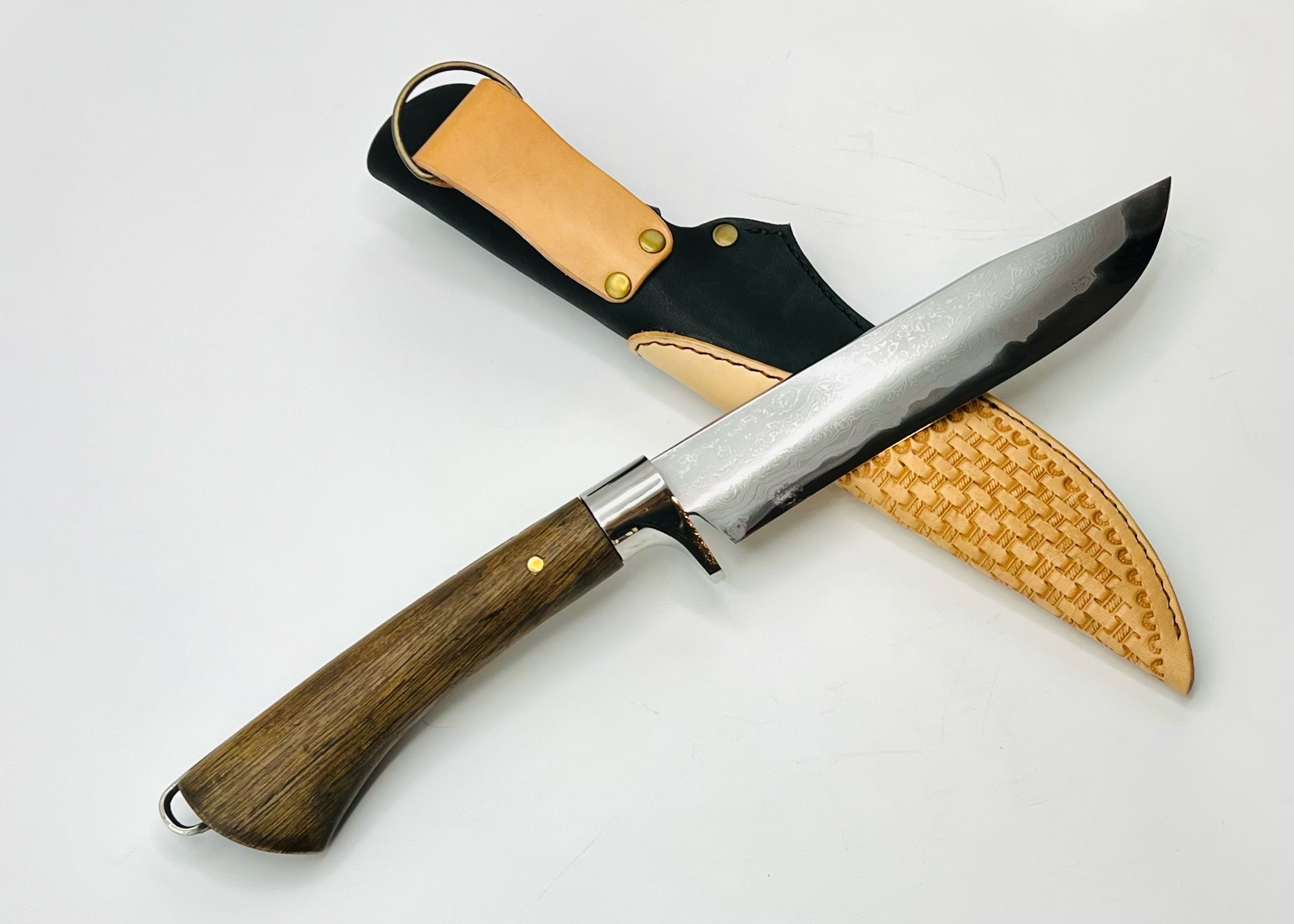 樫柄 ダマスカス(白一) 鉈6.5寸 ツートン型押しシース付 - 画像 (2)