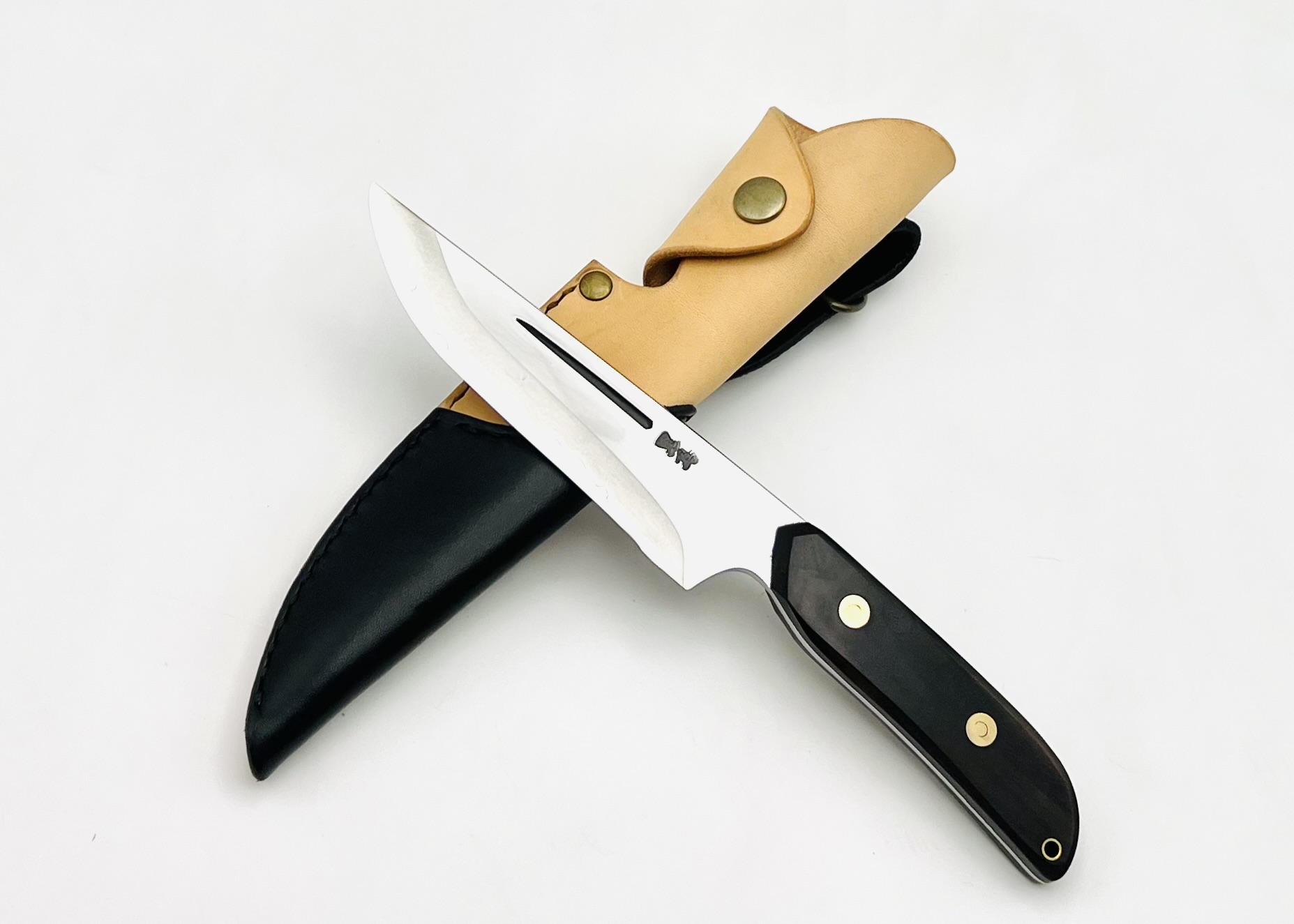 銀三ステンレス フルタングナイフ 黒檀柄リベット止め ツートンシース付