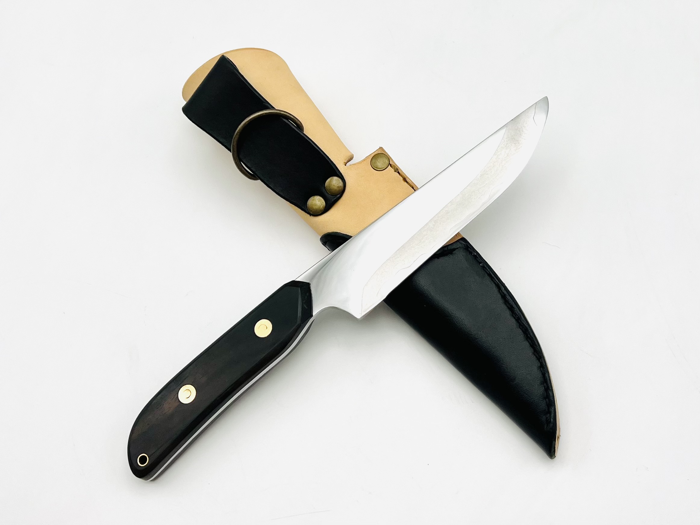 銀三ステンレス フルタングナイフ 黒檀柄リベット止め ツートンシース付 - 画像 (2)