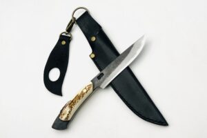 鉄・鋼(青二) 鹿角柄ナイフ シース付①