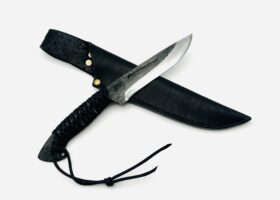 鉄・鋼（青二) 黒打ち　細身アウトドアナイフ 紐巻 シース付